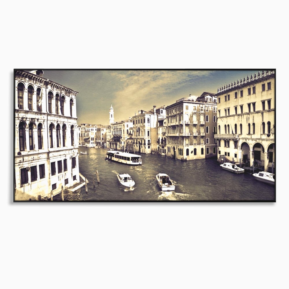 Tablou canvas cu panoramica cu canale si barci in venetia, in rama de aluminiu negru
